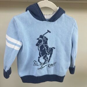 Ralph Lauren Light Blue Knit Hoodie with Navy Polo Logo - Toddler Boy 24 Months